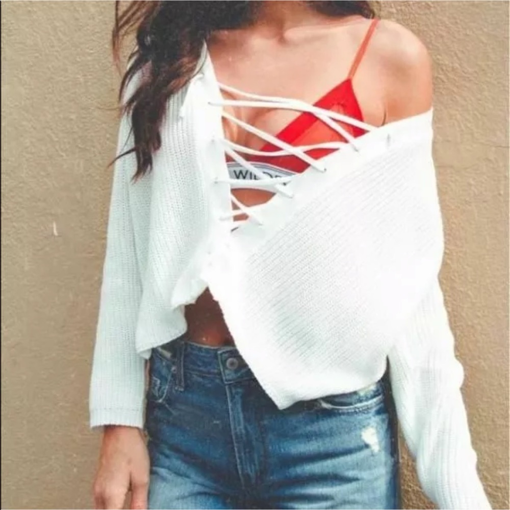 Express white ribbed lace up sweater